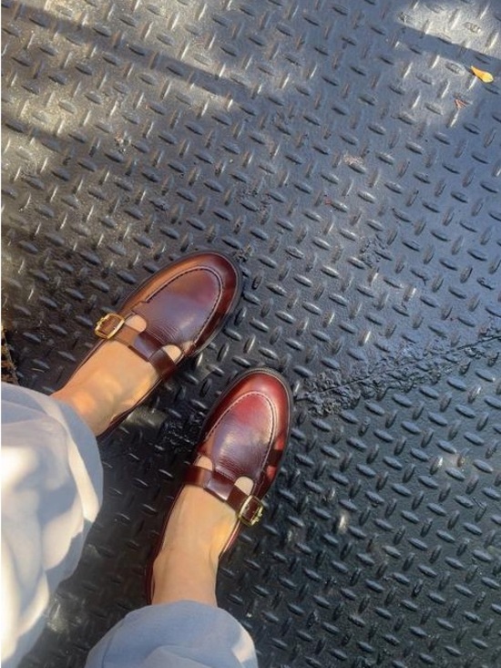 Sam Edelman Shoes - Sam Edelman Elaina Burgundy Patent Leather T-Bar Loafers with Gold Buckles